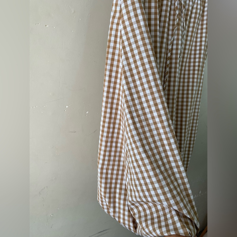 Emerson Lang Tan Gingham Bubble Midi Skirt Size M Tan White Plaid Lined - Picture 7 of 11